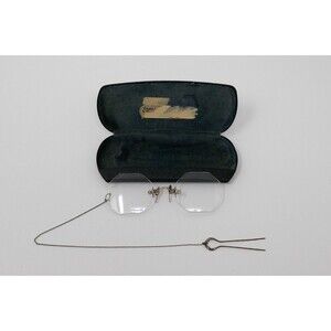 Eyeglasses 1920's Octagon Rimless 10K Prince Nez Chain 10k Hair Pin Vintage Case